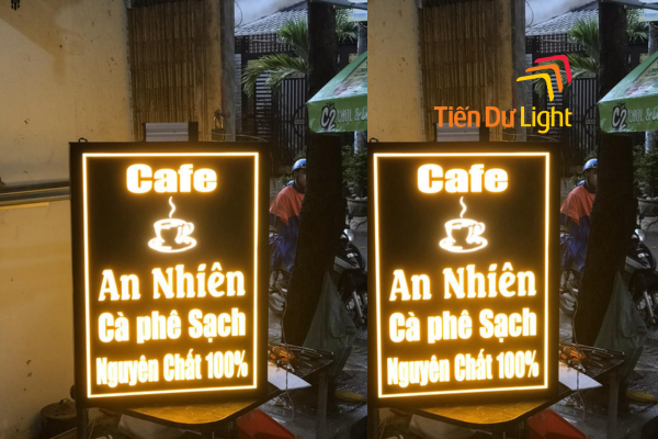 Bảng hiệu cafe tích hợp hệ thống led chiếu sáng nổi bật