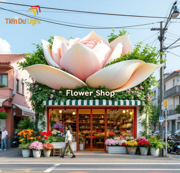 Bảng hiệu shop hoa tươi màu sắc hài hòa, nổi bật