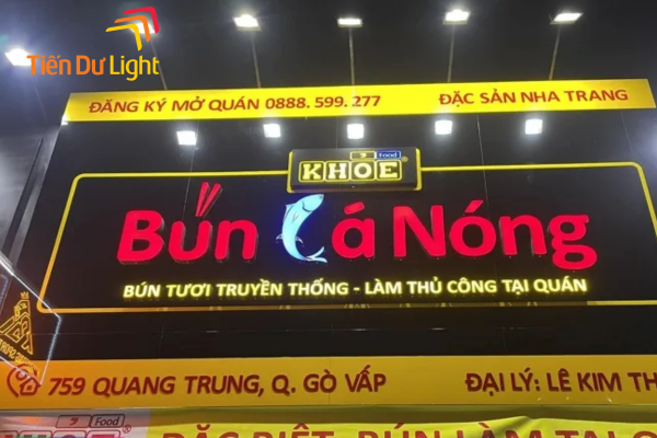 Biển quảng cáo bún cá chữ nổi kết hợp đèn led