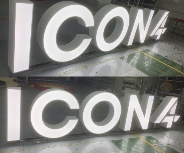 Logo inox mặt poly trắng sữa cán decal trắng