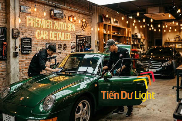 Bảng hiệu detailing garage chăm sóc xe cao cấp chữ nổi inox LED