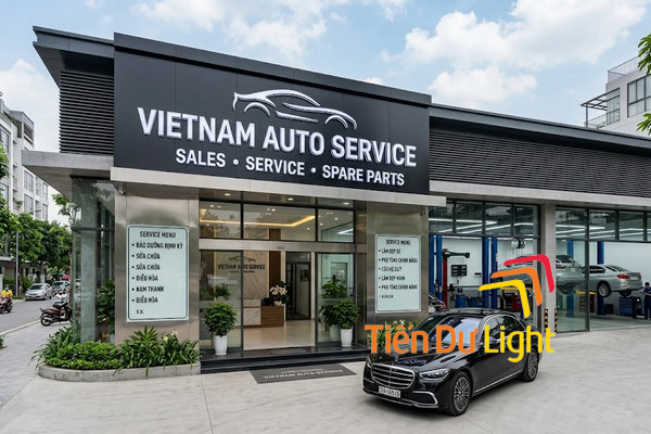 Biển hiệu garage ô tô cao cấp chữ nổi inox LED tại trung tâm dịch vụ xe 3S