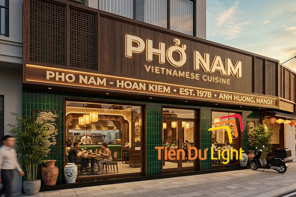 Chuỗi nhà hàng phở với bảng hiệu chữ nổi inox vàng đồng đồng bộ cao cấp