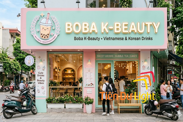 Bảng hiệu quán trà sữa phong cách K-beauty màu pastel hồng mint LED đẹp