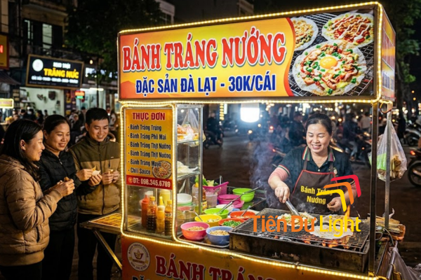 Bảng hiệu bánh tráng nướng đường phố với màu sắc nóng bắt mắt