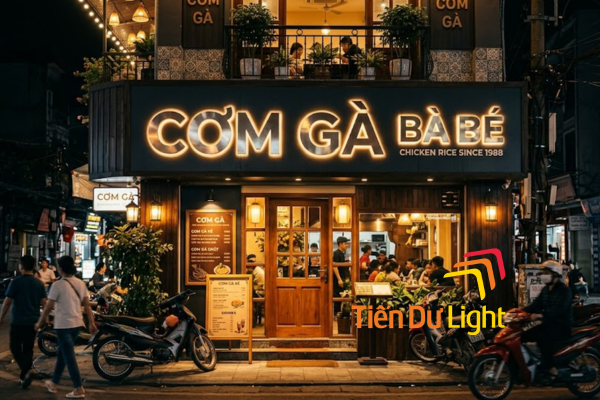Bảng hiệu cơm gà chữ nổi inox sáng chân về đêm