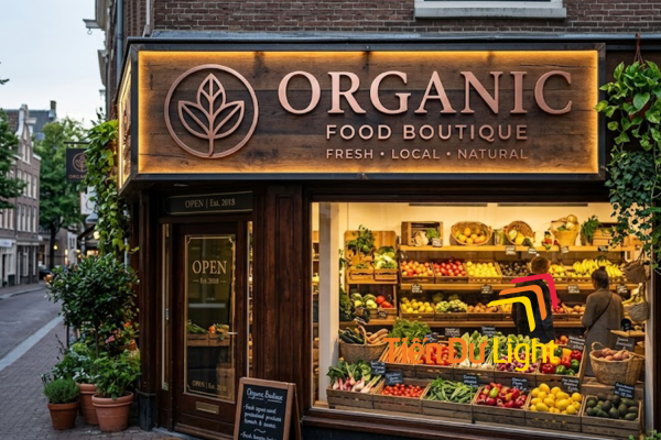 Biển hiệu cửa hàng organic kết hợp gỗ tự nhiên và chữ nổi kim loại mờ, tạo phong cách gần gũi