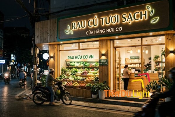Bảng hiệu cửa hàng organic tông xanh tự nhiên, truyền tải rõ ràng giá trị