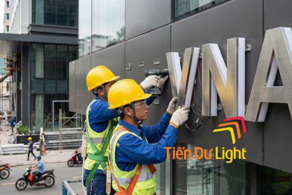 Thi công bảng hiệu kinh doanh chữ nổi inox tại công trình thực tế