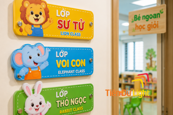 Biển tên lớp học mầm non in màu sắc sinh động gắn trên tường