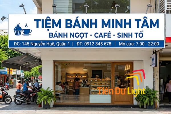 Bảng hiệu nền trắng chữ xanh navy tương phản cao, dễ đọc từ xa