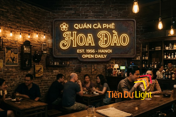 Chữ LED neon sign phong cách vintage phát sáng vàng ấm trong không gian bar