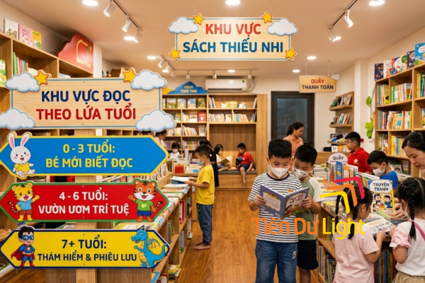 Hệ thống biển phân khu sách theo độ tuổi bên trong nhà sách thiếu nhi, màu sắc tươi sáng