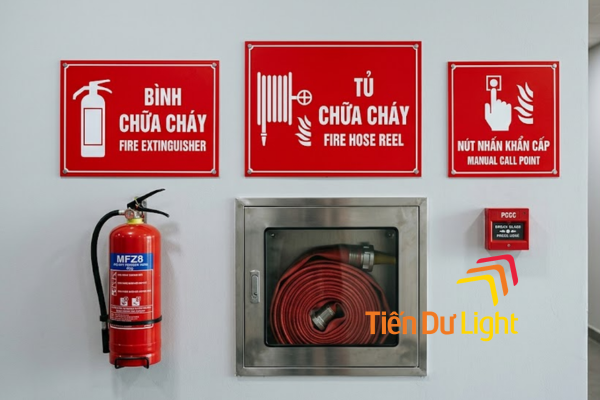 Bộ biển báo PCCC đầy đủ gắn trên tường tòa nhà chỉ vị trí thiết bị chữa cháy
