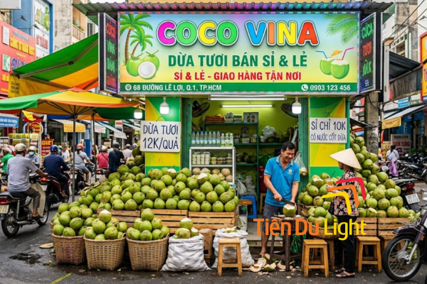 Bảng hiệu vựa dừa: Thu hút khách mua sỉ lẻ tươi sáng, chuyên nghiệp