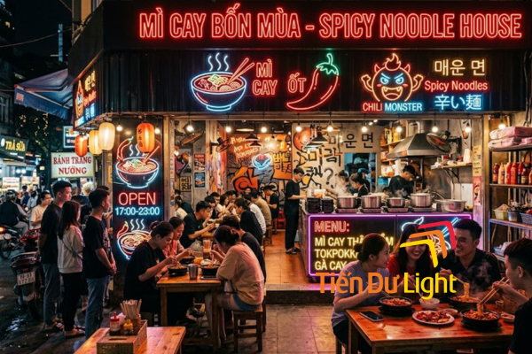 Biển quảng cáo mì cay đỏ rực, kéo khách ăn vặt mỗi ngày