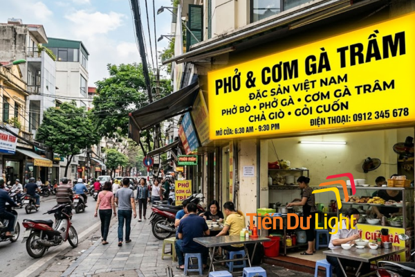 Biển quảng cáo nền vàng nổi bật giúp cửa hàng thu hút khách từ xa