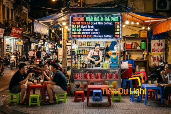 Quán trà đá cà phê với biển đèn LED sáng rực đêm