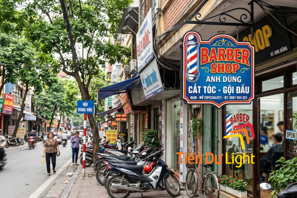 Mặt tiền tiệm cắt tóc với biển vẫy và barber
