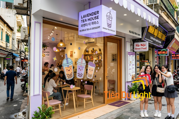 Quán trà sữa với biển vẫy hộp đèn tạo điểm check-in thu hút