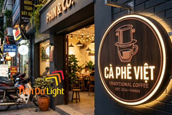 Hộp đèn tròn hút nổi cà phê phát sáng vào buổi tối 