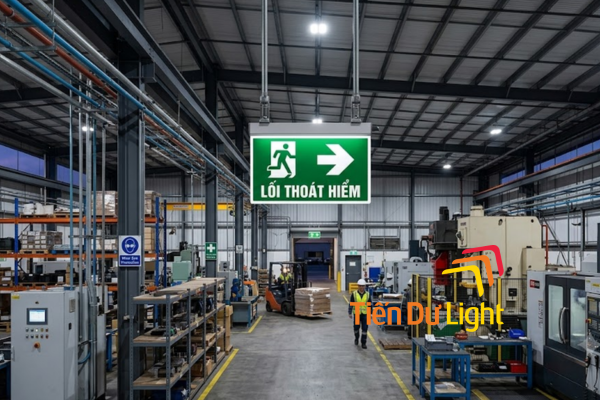 Biển thoát hiểm nhà máy, rõ từ xa, sáng trong đêm