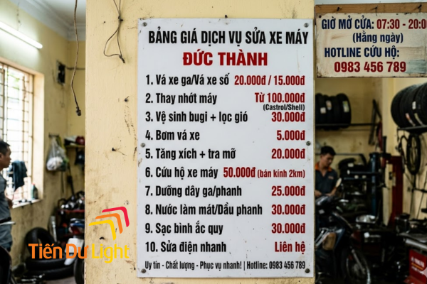 Bảng giá bên trong cửa hàng sửa xe